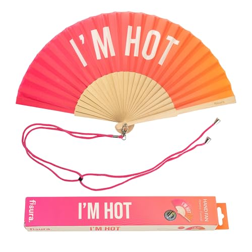 Fisura – Original Gradient Folding Fan with Message “I'm h*t”. Wooden Handheld Fan for Women with Hanger. Accessory for Weddings, Parties, Birthdays, Festivals and Creative Gift Ideas. - color: Hot, Pink Gradient