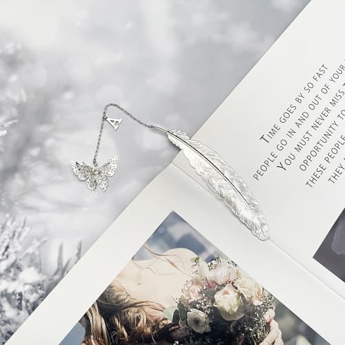 Initial Letter and Butterfly Charm Metal Feather Bookmark (Silver-A) - style: Silver-A
