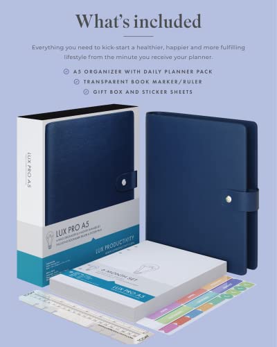 LUX PRO A5 - Daily Planner & appointment diary 2024 - Gratitude journal, wellness journal & Undated weekly planners and organisers - Desk journals for women & men - LUX Productivity (Blue - Midnight) - color: Blue - Midnight