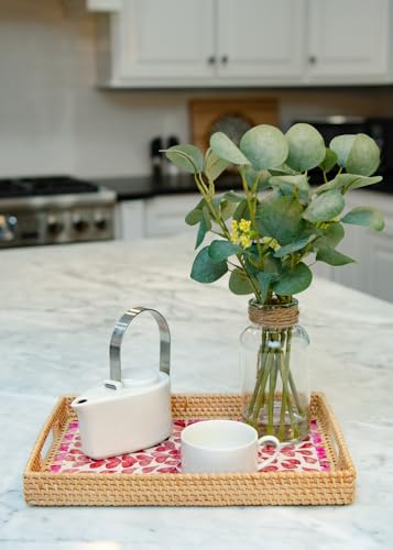 Magenta & Teal Decorative Rectangle Rattan Serving Tray 13x9 inch Mother of Pearl Inlay, Wicker Coffee Table Decor, Farmhouse (Pink Flower) - color: Pink Flower
