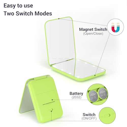 Kintion Pocket Mirror, 1X/3X Magnification LED Compact Mirror (Light Green) - color: Light Green