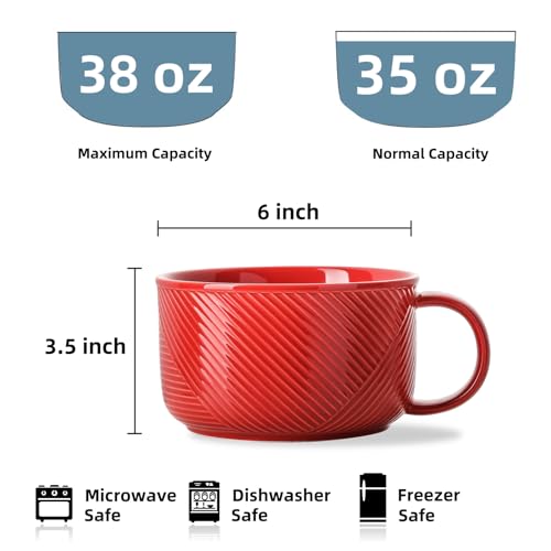 Ceramic Soup Bowl with Handle, 38 oz Microwave Safe, Red - color: Red