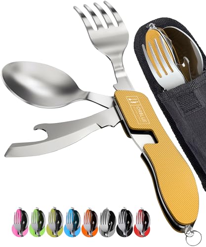 Orblue 4-in-1 Camping Eating Utensils, 2-Pack - Portable Spoon, Fork, Knife & Bottle Opener Combo Set - Stainless Steel Flatware with Detachable Fork - Travel, Backpacking Cutlery Multitool, Yellow - color: 2-PACK Mustard Yellow