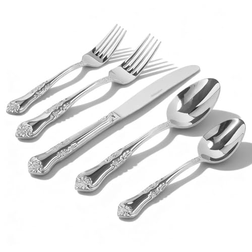Silverware Set,20-Piece Stainless Steel Flatware Set with Floral Handles,Included Knife Spoon and Fork, Mirror Polished Cutlery Utensil Sets for Home Kitchen Restaurant Wedding, Party - color: Silver, size: 20 pieces for 4
