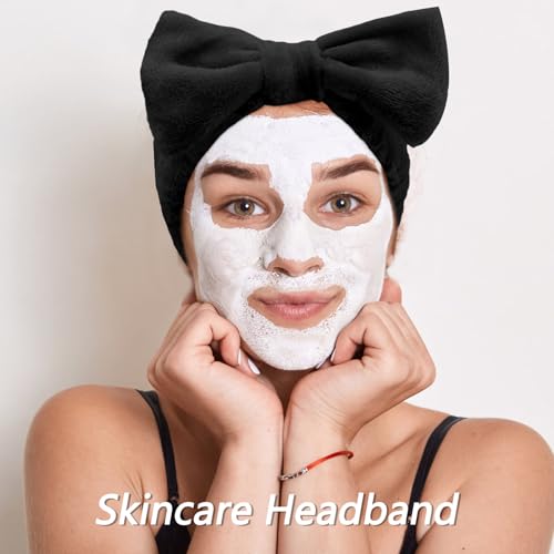 VELSCRUN Spa Headbands for Wash Face, Makeup Headband, Facial Skincare Headbands, 5 Pcs Black Puffy Sponge Spa Headband Bow Tie Hair Band Hair Clips Wristband Set Women Girls Accessories - color: Black