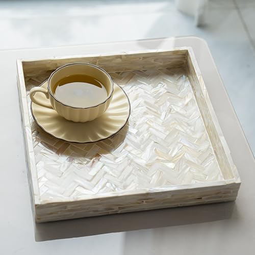PEMAR 11" Square Mother of Pearl Decorative Tray - Herringbone Shell - color: Creamy White Herringbone