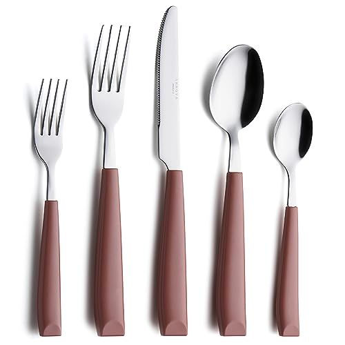 ANNOVA Silverware Set Stainless Steel Colorful Handle Tableware Kitchen Flatware Set Utensils, Includes Dinner Knives, Forks, Spoons & Dessert Spoons (Brown, 16 Pieces) - color: Brown 20Pieces