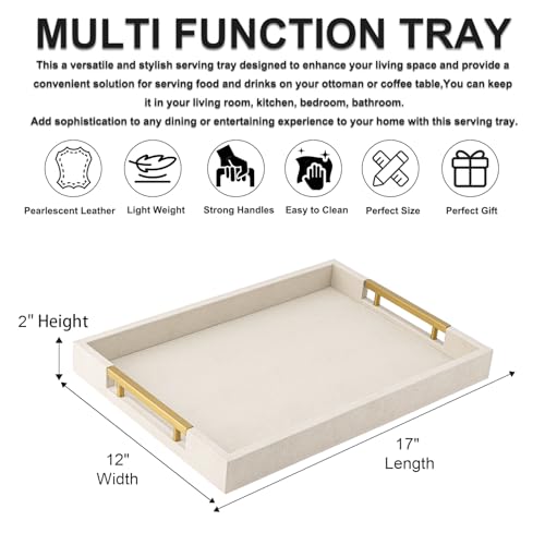 Beige Faux Leather Serving Tray with Handles – Large Decorative Tray for Coffee Table, Ottoman, Living Room, Bathroom – Home Decor - color: Beige, size: 17" x 12" x 2"