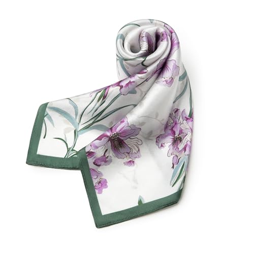 100% Mulberry Silk Scarf - 21" Square Lightweight Neckerchief, Gift Packed - color: Purple-flowers