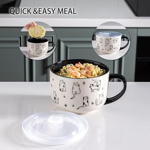 AmorArc 24 Ounces Ceramic Soup Mugs with Lids and Handle, Stoneware Bowls Cup Set of 2 for Soup, Stew, Noodle, Beautiful Mug Bowls With Lovely Dog,Cat Patterns, Microwave&Dishwasher Safe, Black - color: Black, size: 24oz