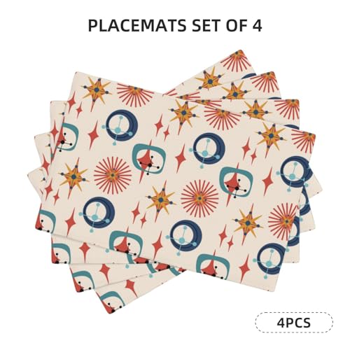 Mid Century Modern Place Mats Set of 4 Abstract Style Colorful Geometric Atomic Star Linen Placemats for Kitchen Dining Room Holiday Washable Quick Dry - color: Atomic-1, size: 12x18"Placemats x4