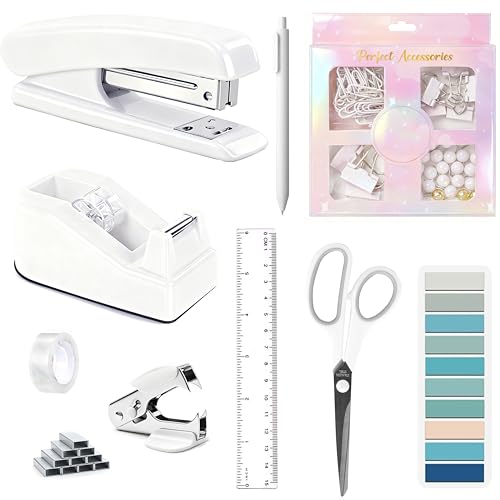 Dimonluce Office Desk Accessories, White Office Supplies Accessories with Tape Dispenser, Stapler, Staple Remover, 1000 Staples, Tape, Clips Set, Ruler, Scissor, Pen - color: White