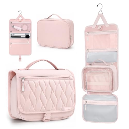 TOPEAST Quilted Travel Toiletry Bag for Women,Detachable Hanging Makeup Bag - color: Pink