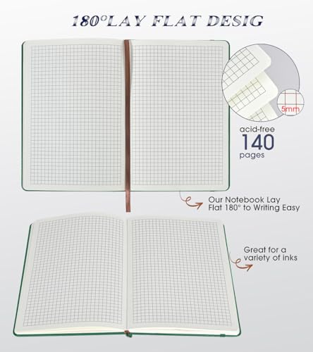 Biuwory A5 Hardcover Graph Paper Notebook, Grid Leather Journal for Writing - color: Green, size: Squared-140 Pages (5.7"×8.3")