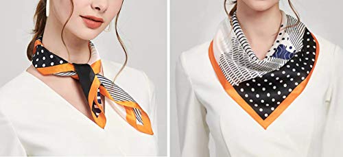 ANDANTINO 100% Mulberry Silk Scarf -21” Square Neckerchief with Gift Packed - color: Black& Orange Geometric