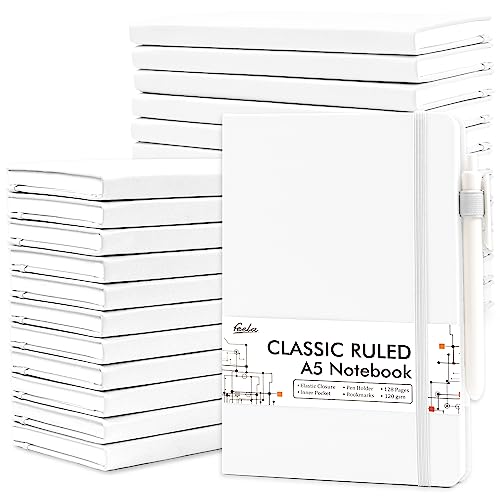 feela College Ruled Notebooks, 24 Pack Business Notebook Hardcover Lined Writing Journal with Pen Holder for Men Women Note Taking, with 24 Black Pens, 120 GSM, 5.1”x8.3”, A5, White - color: 24 White