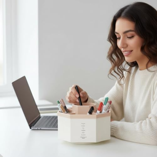 Jekelife 360 Degree Rotating Pen Holder,5-Compartment Desk Organizer,Pink - color: Pink, size: B