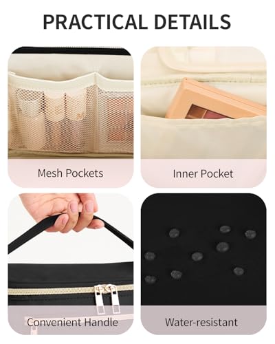 Wandering Nature Makeup Bag, Women Travel Make Up Vanity Case with Handle - color: Black, size: Large