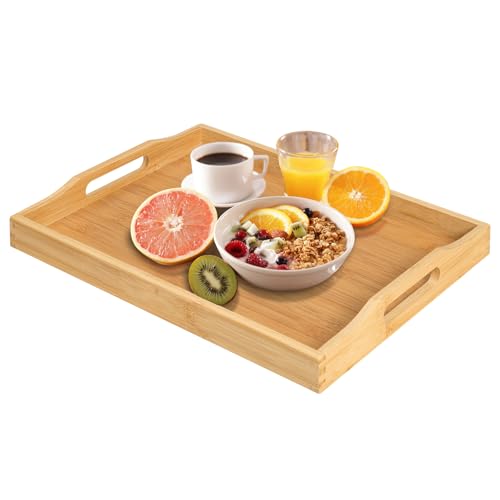RRX Bamboo Food Serving Tray with Handles,Breakfast Bed Tray (Beige) - color: Beige