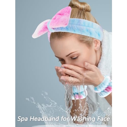VELSCRUN Spa Headbands for Wash Face, Makeup Headband, Facial Skincare Headbands, 5 Pcs Colourful Puffy Sponge Spa Headband Bow Tie Hair Band Hair Clips Wristband Set Women Girls Accessories - color: Colourful
