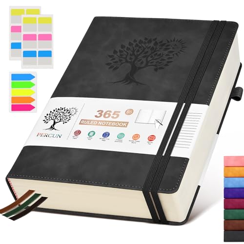 PERCUN B5 Lined Journal Notebook - 365 Page Large Leather Journals for Writing Women Men，Hardcover Notebook with 100Gsm Thick Pages，Daily Diary for Travel, Work，School，College Ruled (7.6" x 10.3") - color: Black, size: B5