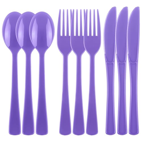Kochorie 300 Pieces Purple Plastic Silverware, Disposable Plastic Utensils, Heavy Duty Cutlery Set Heavyweight Flatware Includes Spoons Forks Knives for Birthday Party Prom Night Wedding Dinner - color: Purple