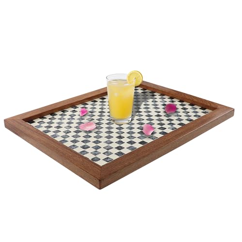 42x32CM Rectangle Mother of Pearl Checkerboard Wood Border Serving Tray - color: Checkerboard
