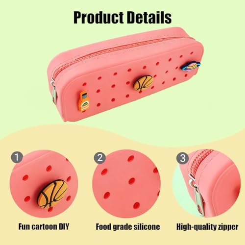 1 Pack Cute Silicone Pencil Case Pencil Pouch with DIY Holes and 3 Decoratives(Random) Travel Makeup Brush Bag suitable for travel home7.81inch (Pink) - color: Pink