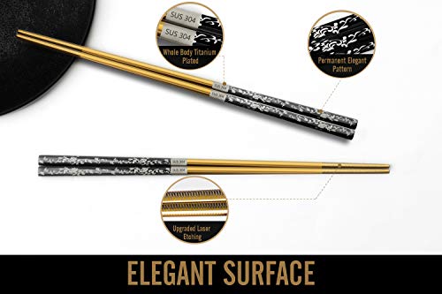 Chopsticks Reusable Titanium Plated Metal Chopsticks 304 Stainless Steel Chopstick Dishwasher safe Japanese Korean lightweight Engraved Anti-slip Chop sticks for Eating 2 Pairs Gift Set Black Gold - color: Black/Gold