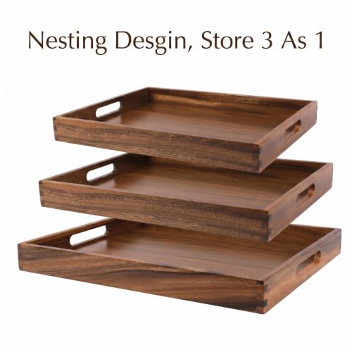 Acacia Wood Tray Set of 3, Stackable Serving Trays with Thick Base, Multi-Size Decorative Wooden Platter for Kitchen, Dining Room, Living Room, Coffee Table, Home Decor & Food Serving