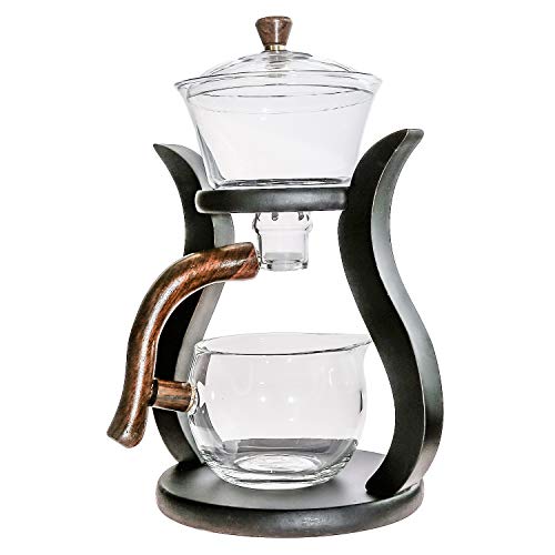 RORA Glass Teapot Set Semi Automatic Drip Rotating with Infuser Lazy Kungfu Tea pot Set (Bamboo) - color: Wooden, size: teapot