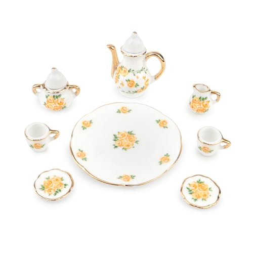 Miniature Tea Set 1/6 Scale Dollhouse Accessories Porcelain Yellow Rose - color: Yellow