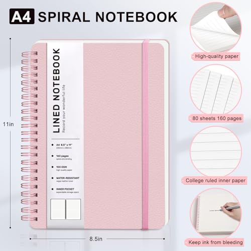 Lined Spiral Journal Notebook, A4 Hardcover Leather Notebook for Work, 8.5''×11'', 100GSM Thick Paper Spiral Bound Journaling Notebooks for Women & Men Office School Note Taking Business, Pink - color: Pink, size: A4
