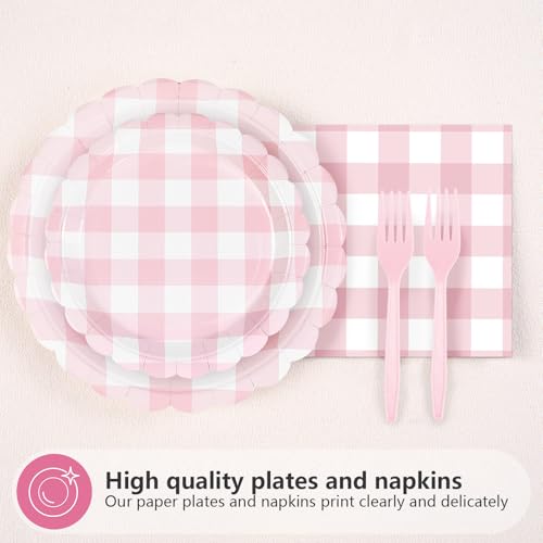 96Pcs Pink Gingham Party Decorations, Serve 24 - style: Light Pink Gingham