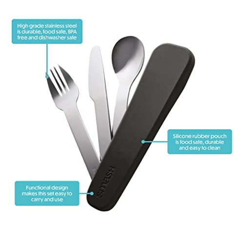 Smash Reusable Stainless Steel Travel Utensils/Cutlery Set with Silicone Case Black - color: Black