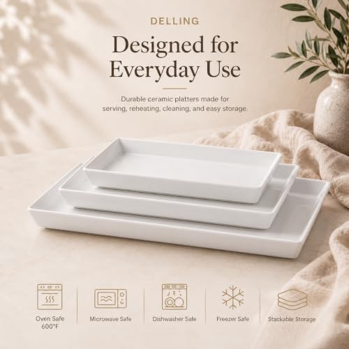 Delling Large Serving Platter, 16/14/12 Inch Rectangular Serving Trays for Serving Food, Serving Tray for Party - Set of 3, White
