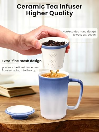 Ceramic Tea Mug with Infuser and Lid,16oz Porcelain Loose Leaf Tea Cup with Large Handle,Metal-Free Filter,Microwave &Dishwasher Safe,Perfect for Tea,Coffee (Light Blue) - color: Light Blue