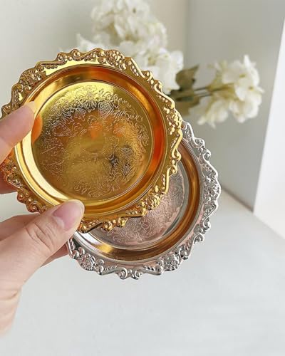 Round Decorative Tray 3.9in Metal Dessert Plates Vintage Coffee Table Tray for Snacks Fruit Silver - color: Silver, size: 3.9in