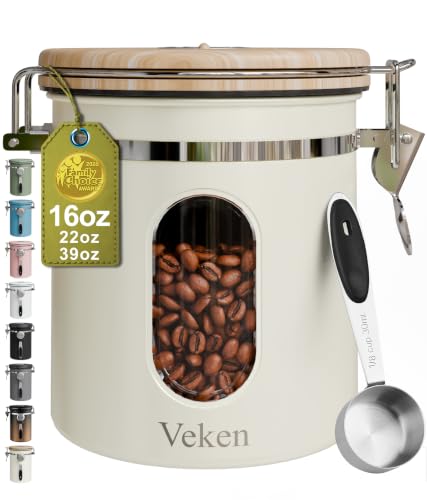 Veken Coffee Canister with Window, Airtight Stainless Steel Container, 16OZ - color: Cream, size: 16 oz
