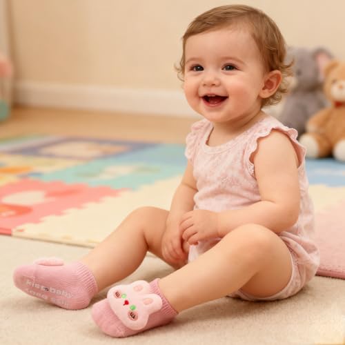 4 Pairs Baby Girl Socks with Non-Slip Grips,Cute Rabbit Low Cut Ankle Socks for Newborn Toddler Infants 0-6 Months - color: Pink Blue White Yellow