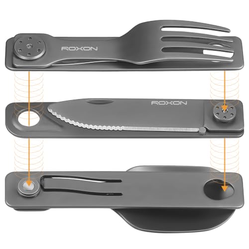 ROXON 3-in-1 Camping Utensils Set (Knife, Spoon, Fork) Titanium-Plated Grey - color: Titanium-Plated Grey
