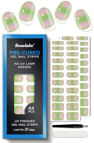 Real Gel Nail Strips (No UV Light Needed) - 44Pcs Salon Quality Nail Stickers - Long Lasting Polish Wraps for Women, Easy Apply & Remove (Morning Meadow) - color: Morning Meadow Green