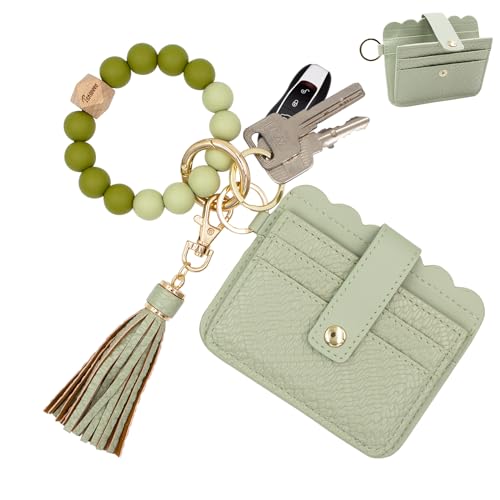 Keychain Wallet Wristlet Small Credit Card Holder Bracelet Key Chain Purse Bangle Tassel Beads Key Rings for Women - color: 03-rfid Light Grey