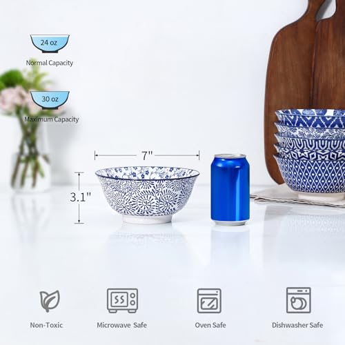 Selamica 7 inches Porcelain Cereal Bowl Set - Set of 6, Soup Bowls, Ceramic bowls for Cereal, Soup, Salad and Pasta, Vintage Blue - color: Vintage Blue, size: 7 Inches