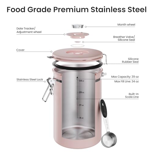 Veken Coffee Canister,39OZ, 2.2lbs,Large Airtight Stainless Steel Container - color: Pink, size: 39 oz