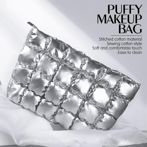 Hillban Silver Puffy Quilted Makeup Bag for Women Cosmetic Gift, Classic - color: Silver, size: Classic