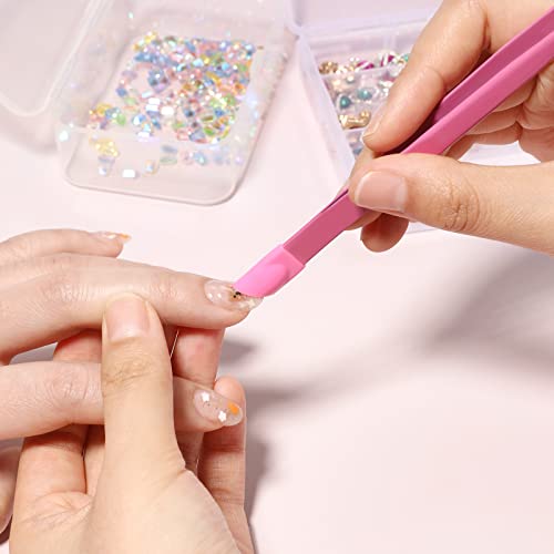 2 Pcs/Set Straight Nail Tweezers Probe Tips Metal Tweezers with Silicone Pressing Head for Nail Art, Picking Gems Rhinestones Acrylic Gel Stickers Eyelash Extensions