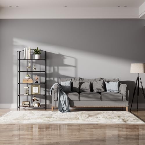 Crofy 5-Tier Wider Foldable Bookshelf, Black Frame & Walnut Shelves - color: Black Frame & Walnut Shelf, size: 5 Tier Wider