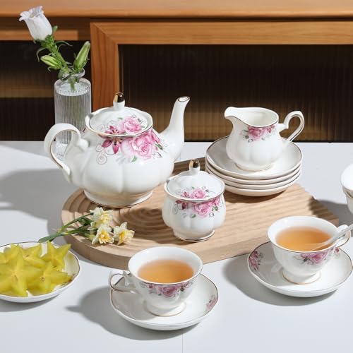 Sweejar Porcelain Tea Set Vintage Floral, British Relief Gold Rim Teapot Cup and Saucer Sets, 22-Piece Tea Sets for Adults, with Teapot, Sugar Bowl, Milk Jug, Spoons, Cup and Saucer (Flower) - color: Flower