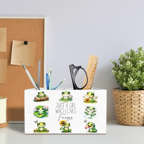 Cute Floral Frog Pen Holder for Desk, Gifts for Frog Lovers Pencil Organizer, Just a Girl Who Loves Frogs Wooden Box Sign Desk Decor for Home Office Decoration - color: FROGS